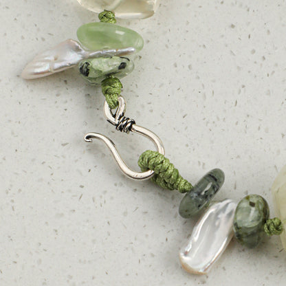 Natural Prehnite & Yellow Crystal Bracelet with Baroque Pearl and Sterling Silver Charm