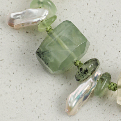 Natural Prehnite & Yellow Crystal Bracelet with Baroque Pearl and Sterling Silver Charm