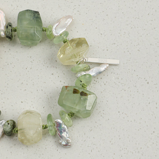 Natural Prehnite & Yellow Crystal Bracelet with Baroque Pearl and Sterling Silver Charm