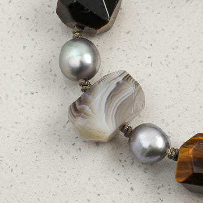 Faceted Tiger Eye & Persian Agate Bracelet with Gray Baroque Pearl and Sterling Silver Charm