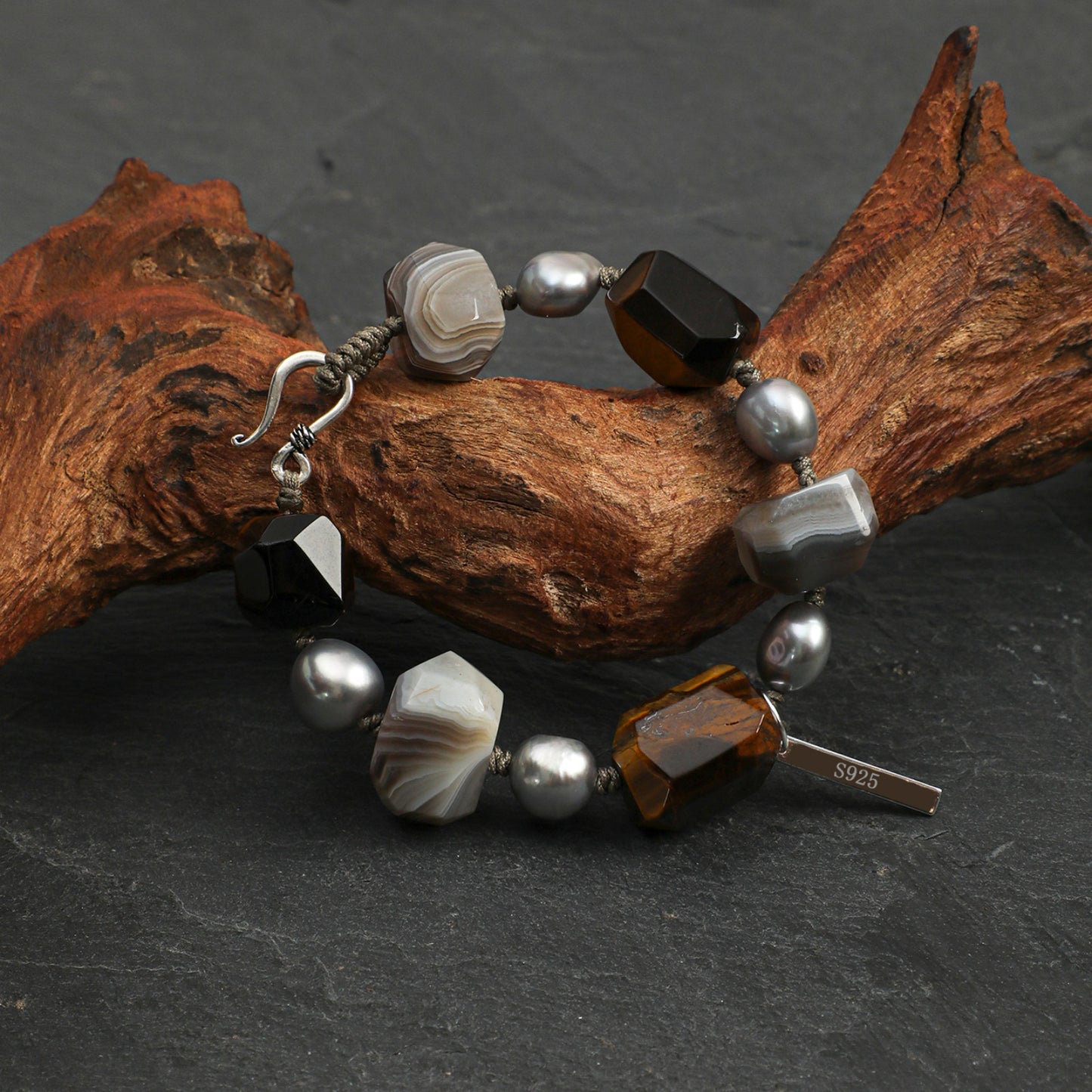 Faceted Tiger Eye & Persian Agate Bracelet with Gray Baroque Pearl and Sterling Silver Charm
