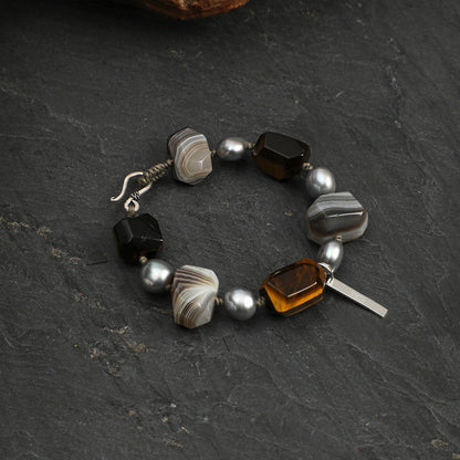 Faceted Tiger Eye & Persian Agate Bracelet with Gray Baroque Pearl and Sterling Silver Charm