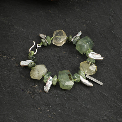 Natural Prehnite & Yellow Crystal Bracelet with Baroque Pearl and Sterling Silver Charm