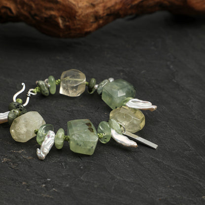 Natural Prehnite & Yellow Crystal Bracelet with Baroque Pearl and Sterling Silver Charm