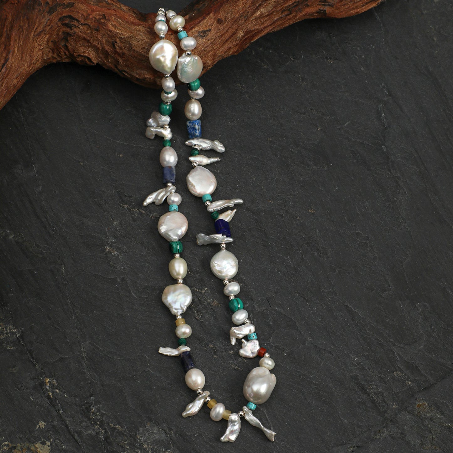 Forest Isle Baroque Pearl & Mixed Gemstone Necklace with Sterling Silver Clasp