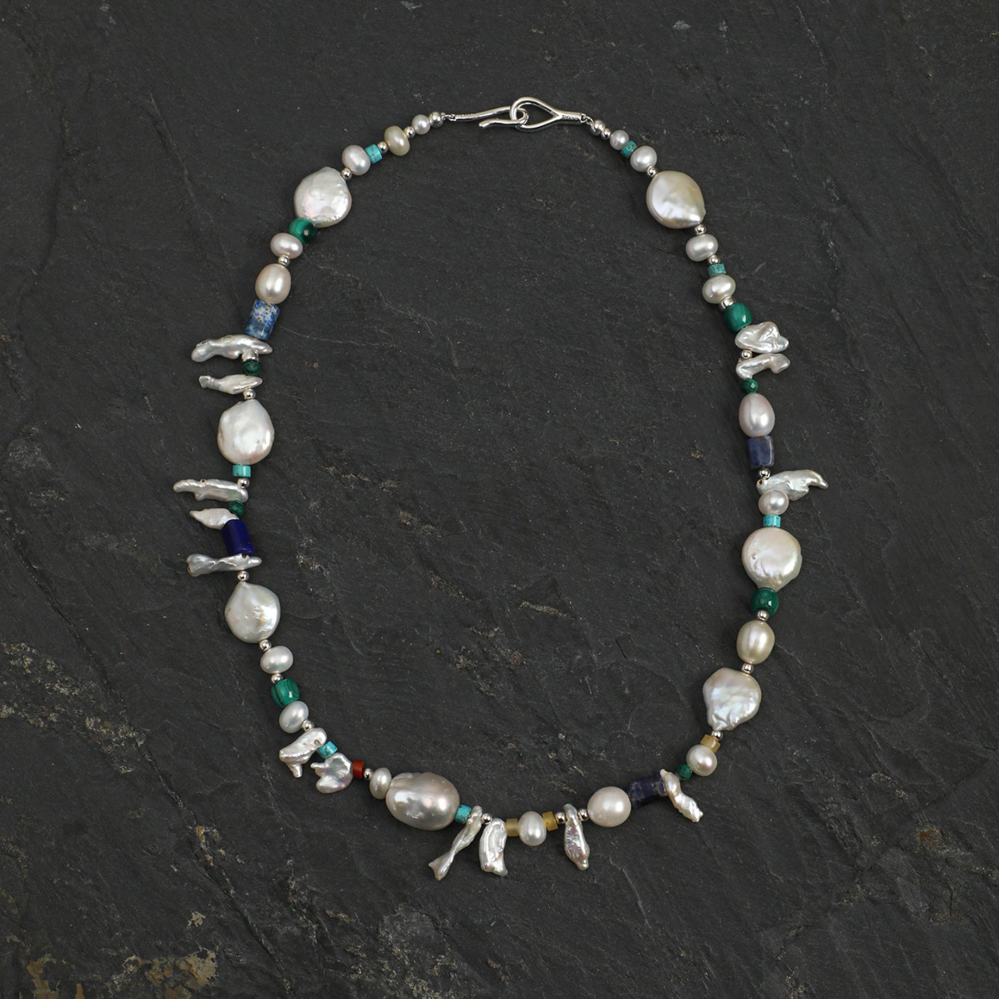 Forest Isle Baroque Pearl & Mixed Gemstone Necklace with Sterling Silver Clasp