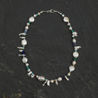 Forest Isle Baroque Pearl & Mixed Gemstone Necklace with Sterling Silver Clasp
