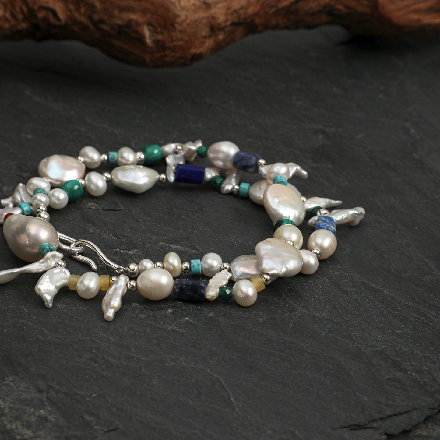 Forest Isle Baroque Pearl & Mixed Gemstone Necklace with Sterling Silver Clasp