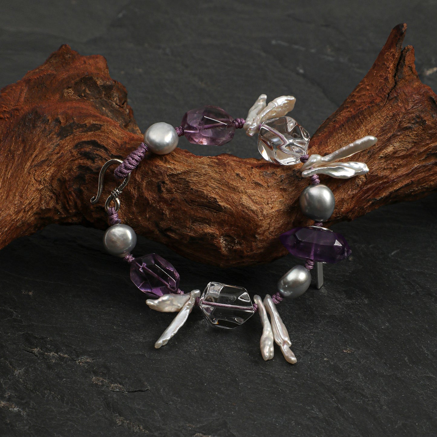 Natural Amethyst & Clear Quartz Bracelet with Gray Baroque Pearl and Sterling Silver Charm