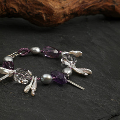 Natural Amethyst & Clear Quartz Bracelet with Gray Baroque Pearl and Sterling Silver Charm