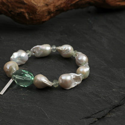 Green Fluorite & Prehnite Bracelet with Large Baroque Pearl and Sterling Silver Charm