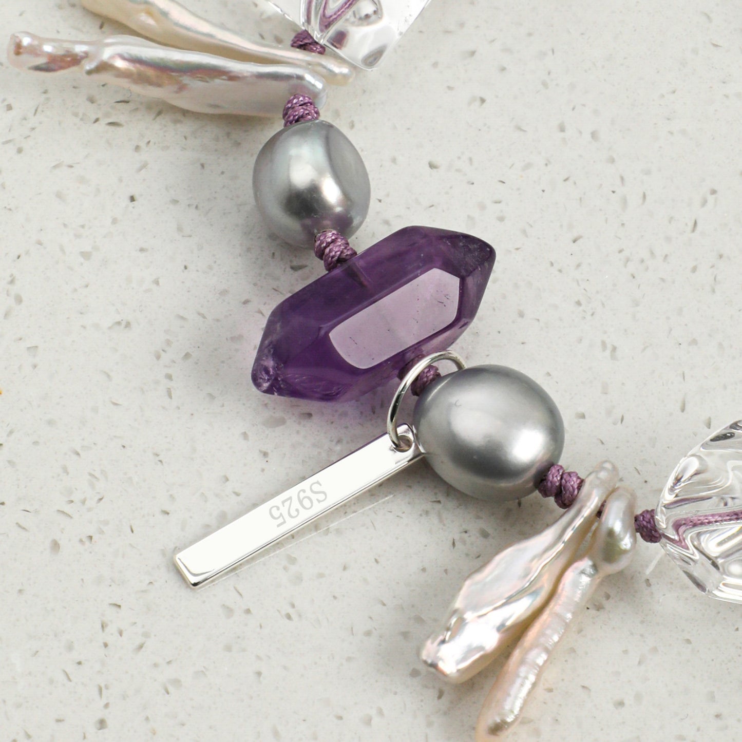 Natural Amethyst & Clear Quartz Bracelet with Gray Baroque Pearl and Sterling Silver Charm