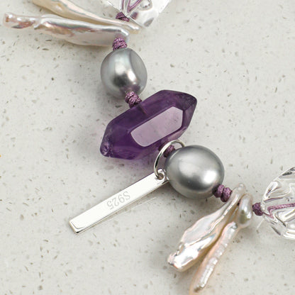 Natural Amethyst & Clear Quartz Bracelet with Gray Baroque Pearl and Sterling Silver Charm