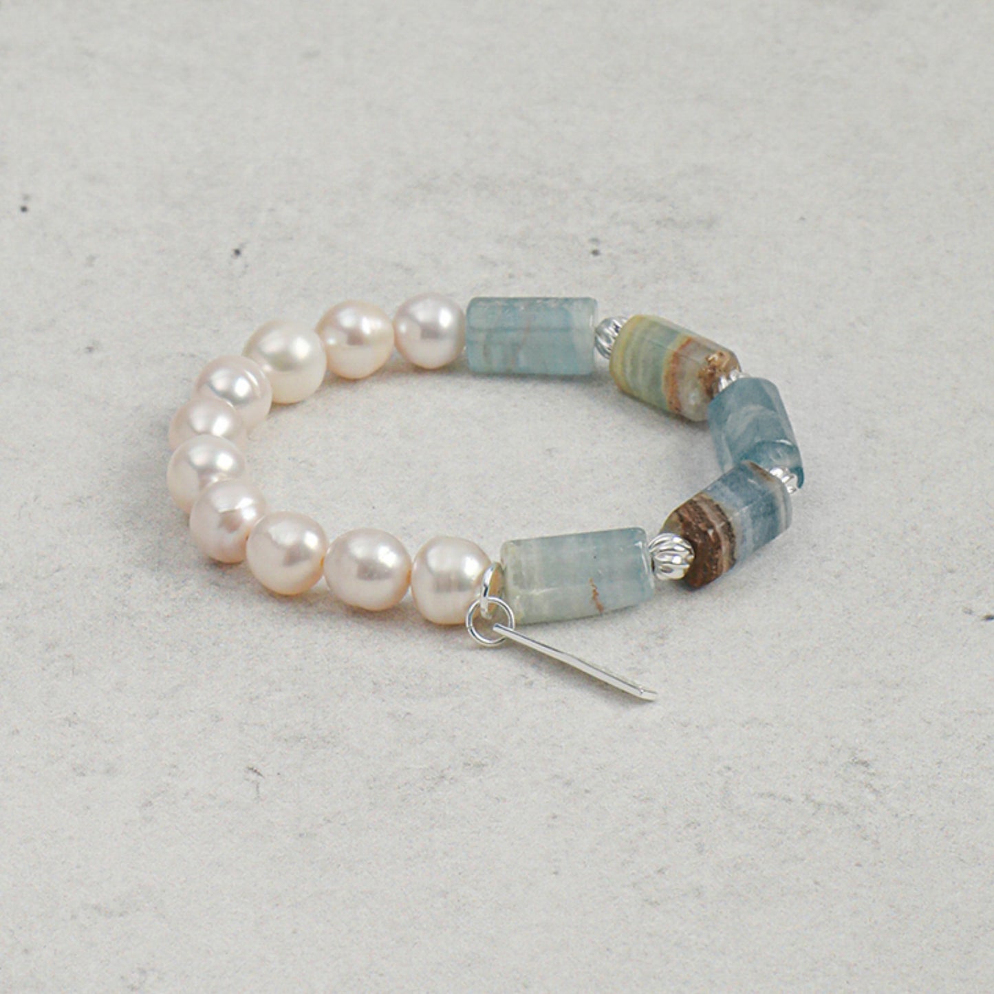 Freshwater Pearl & Blue Lace Natural Crystal Bracelet with Sterling Silver Accents