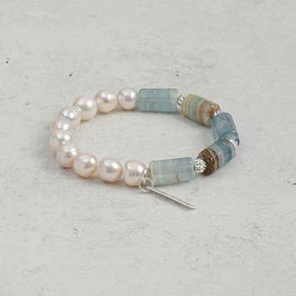 Freshwater Pearl & Blue Lace Natural Crystal Bracelet with Sterling Silver Accents