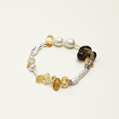 Yellow Crystal & Smoky Quartz Bracelet with White Rice Pearls and S925 Silver Hook Clasp