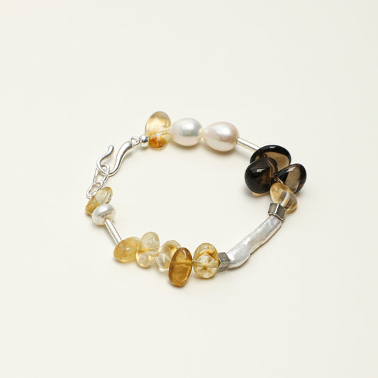 Yellow Crystal & Smoky Quartz Bracelet with White Rice Pearls and S925 Silver Hook Clasp