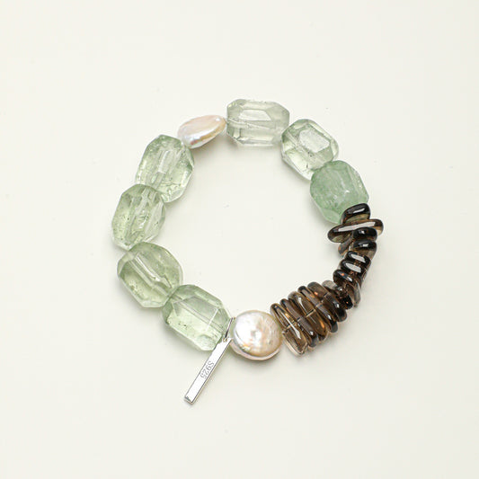 Natural Green Crystal Bracelet with Teardrop Baroque Pearl and Sterling Silver Charm