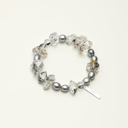Black Herkimer Crystal Bracelet with Gray Rice Pearls and Sterling Silver Charm