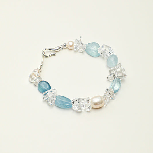 Aquamarine & Clear Quartz Bracelet with White Rice Pearls