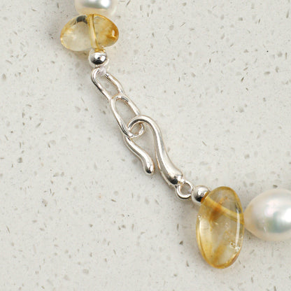Yellow Crystal & Smoky Quartz Bracelet with White Rice Pearls and S925 Silver Hook Clasp