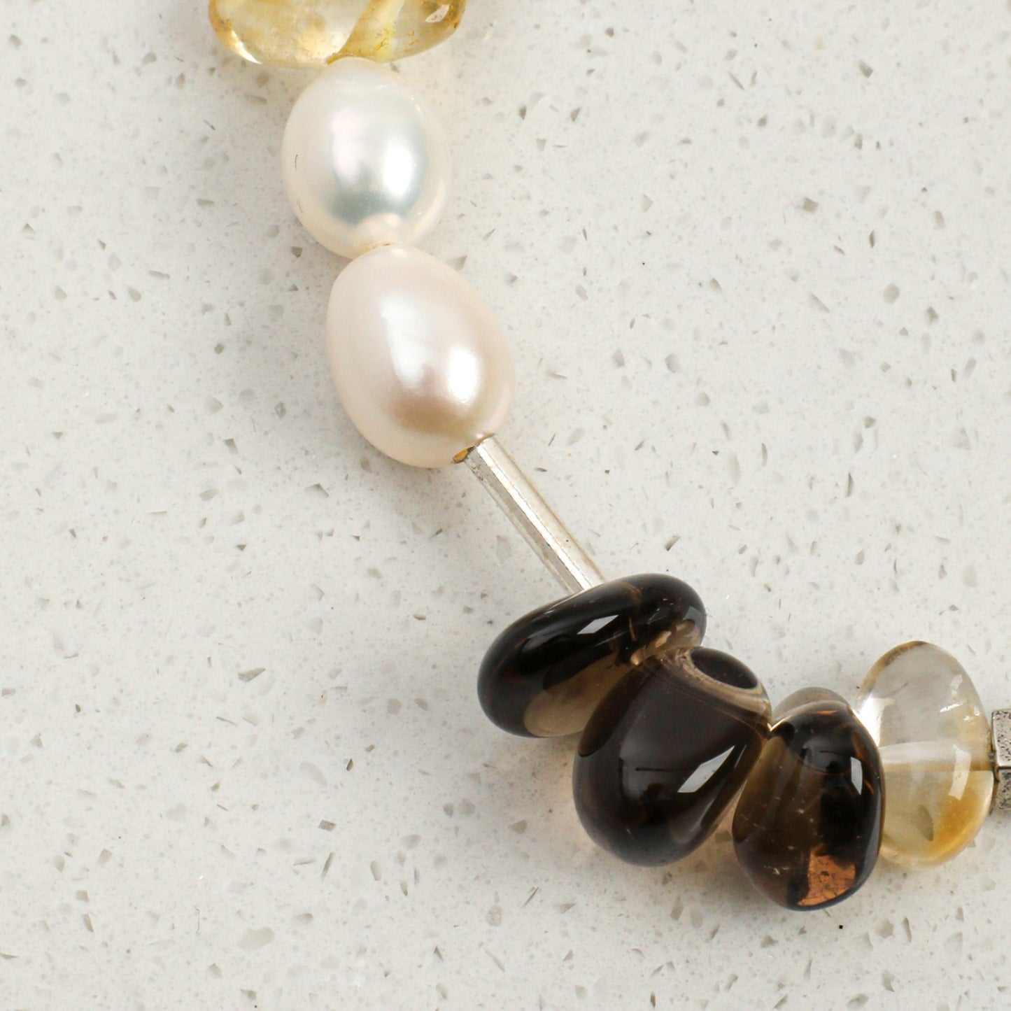 Yellow Crystal & Smoky Quartz Bracelet with White Rice Pearls and S925 Silver Hook Clasp