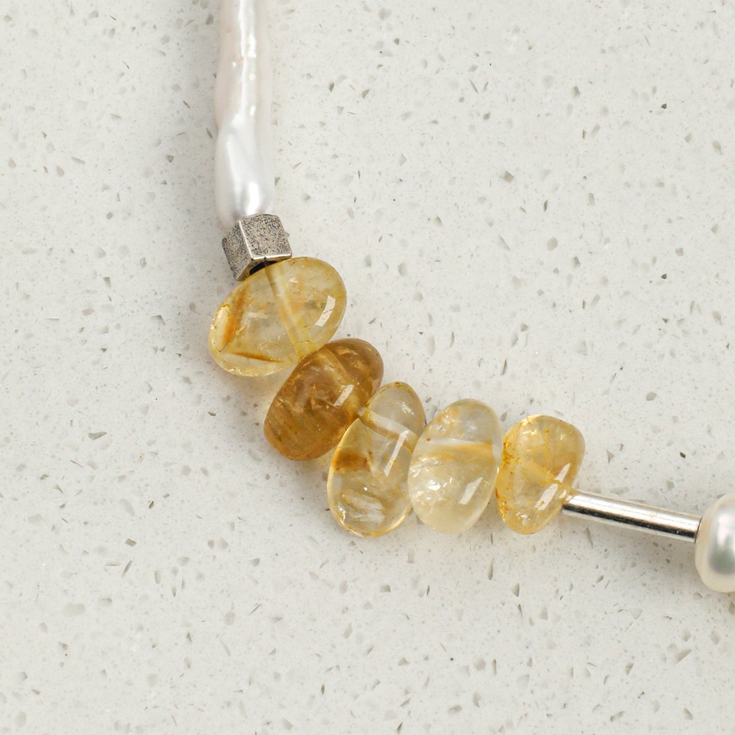 Yellow Crystal & Smoky Quartz Bracelet with White Rice Pearls and S925 Silver Hook Clasp