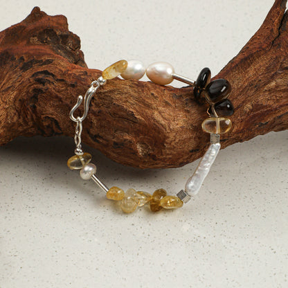 Yellow Crystal & Smoky Quartz Bracelet with White Rice Pearls and S925 Silver Hook Clasp