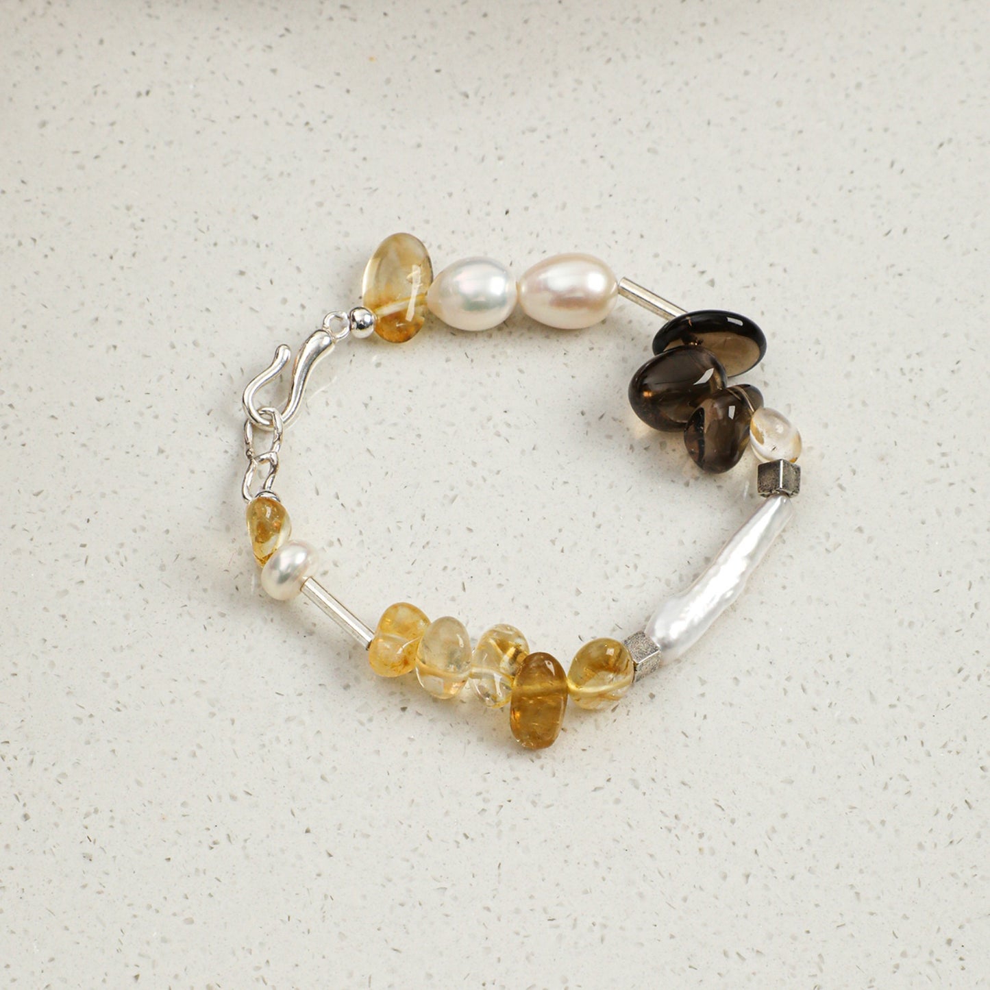 Yellow Crystal & Smoky Quartz Bracelet with White Rice Pearls and S925 Silver Hook Clasp