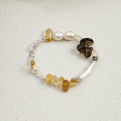 Yellow Crystal & Smoky Quartz Bracelet with White Rice Pearls and S925 Silver Hook Clasp