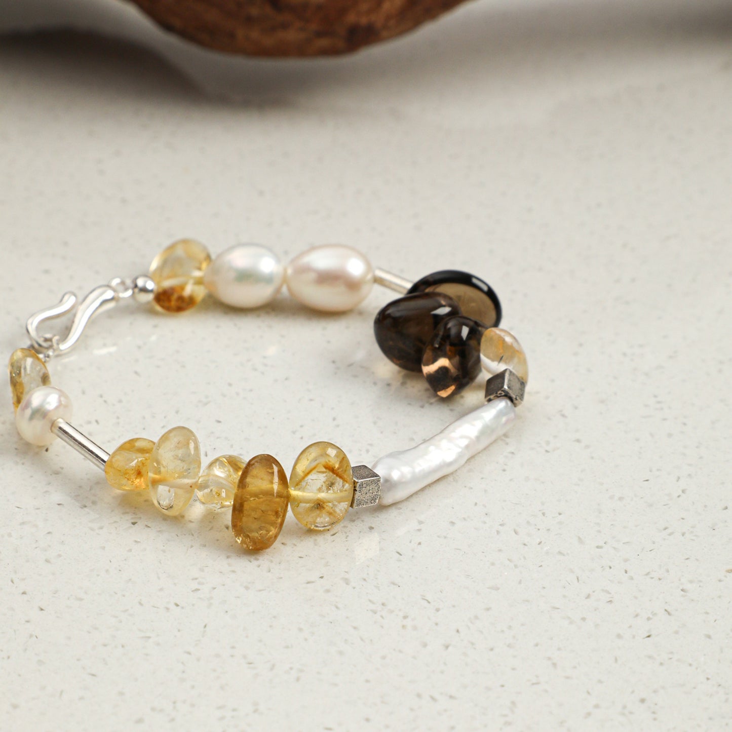 Yellow Crystal & Smoky Quartz Bracelet with White Rice Pearls and S925 Silver Hook Clasp