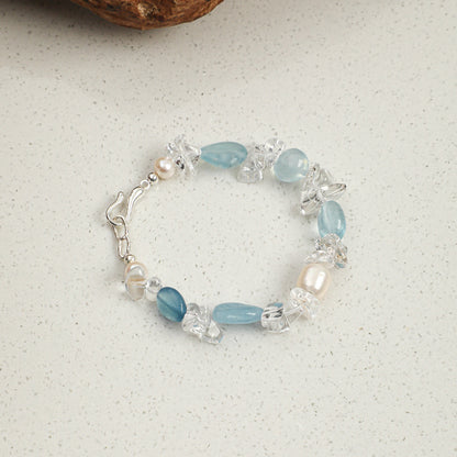 Aquamarine & Clear Quartz Bracelet with White Rice Pearls