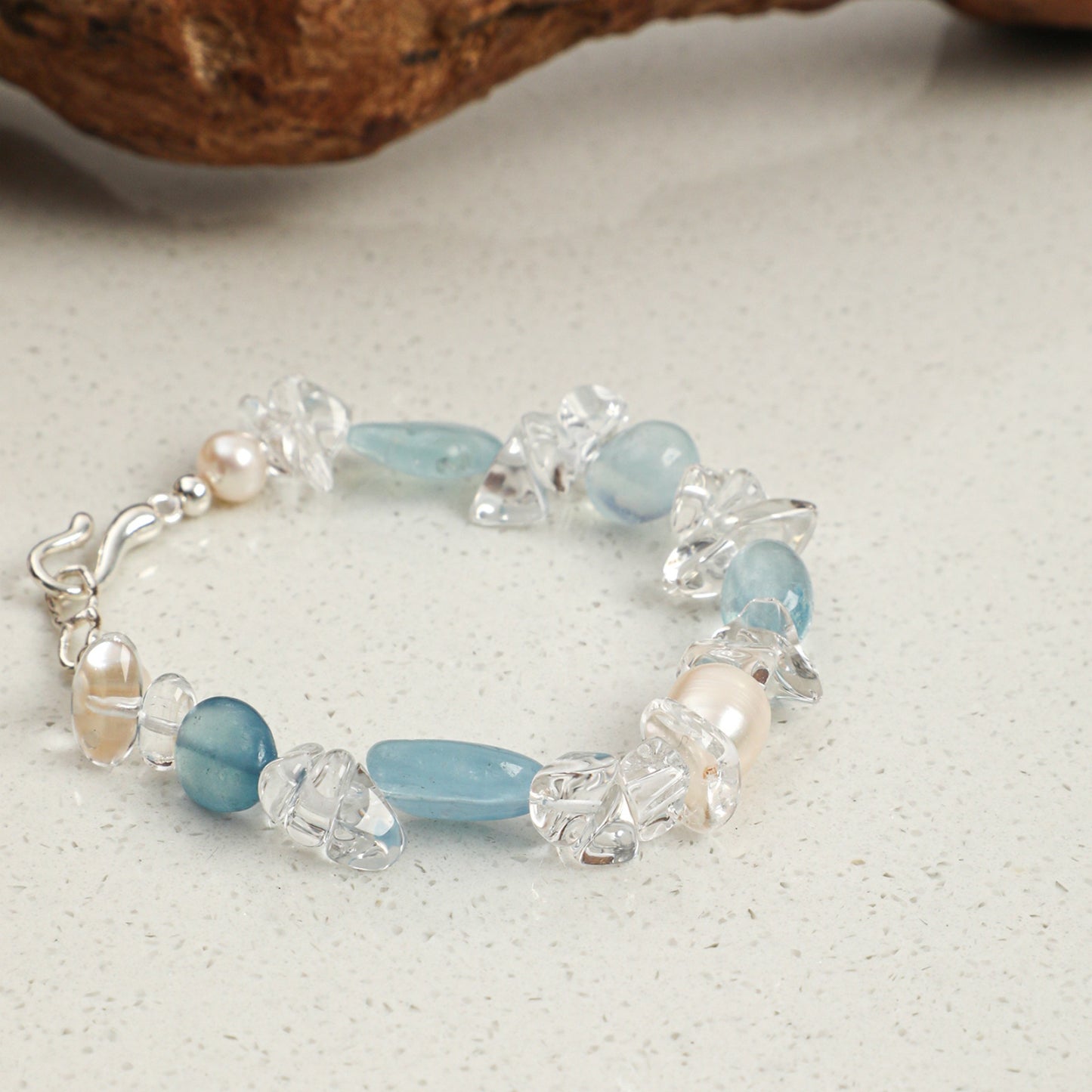 Aquamarine & Clear Quartz Bracelet with White Rice Pearls