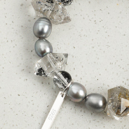 Black Herkimer Crystal Bracelet with Gray Rice Pearls and Sterling Silver Charm