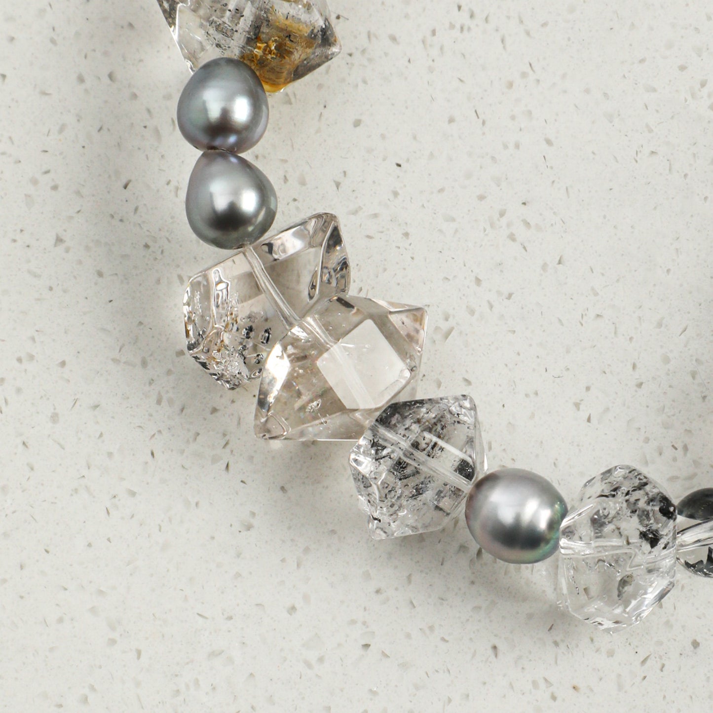 Black Herkimer Crystal Bracelet with Gray Rice Pearls and Sterling Silver Charm