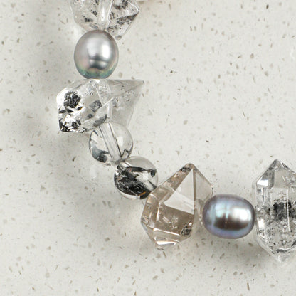 Black Herkimer Crystal Bracelet with Gray Rice Pearls and Sterling Silver Charm