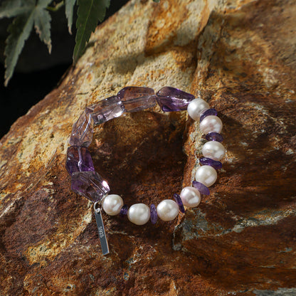 Freshwater Pearl & Natural Amethyst Crystal Bracelet with Sterling Silver Charm