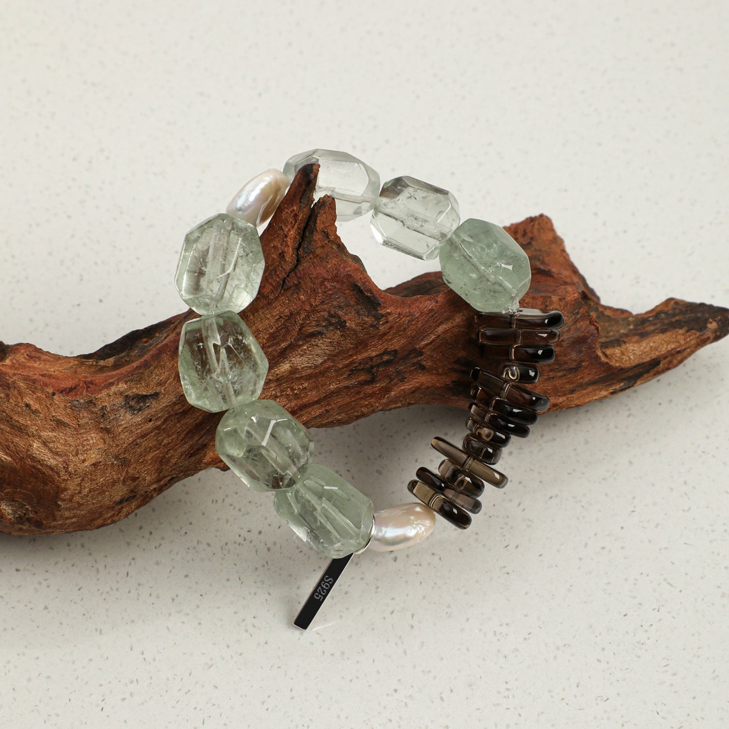 Natural Green Crystal Bracelet with Teardrop Baroque Pearl and Sterling Silver Charm