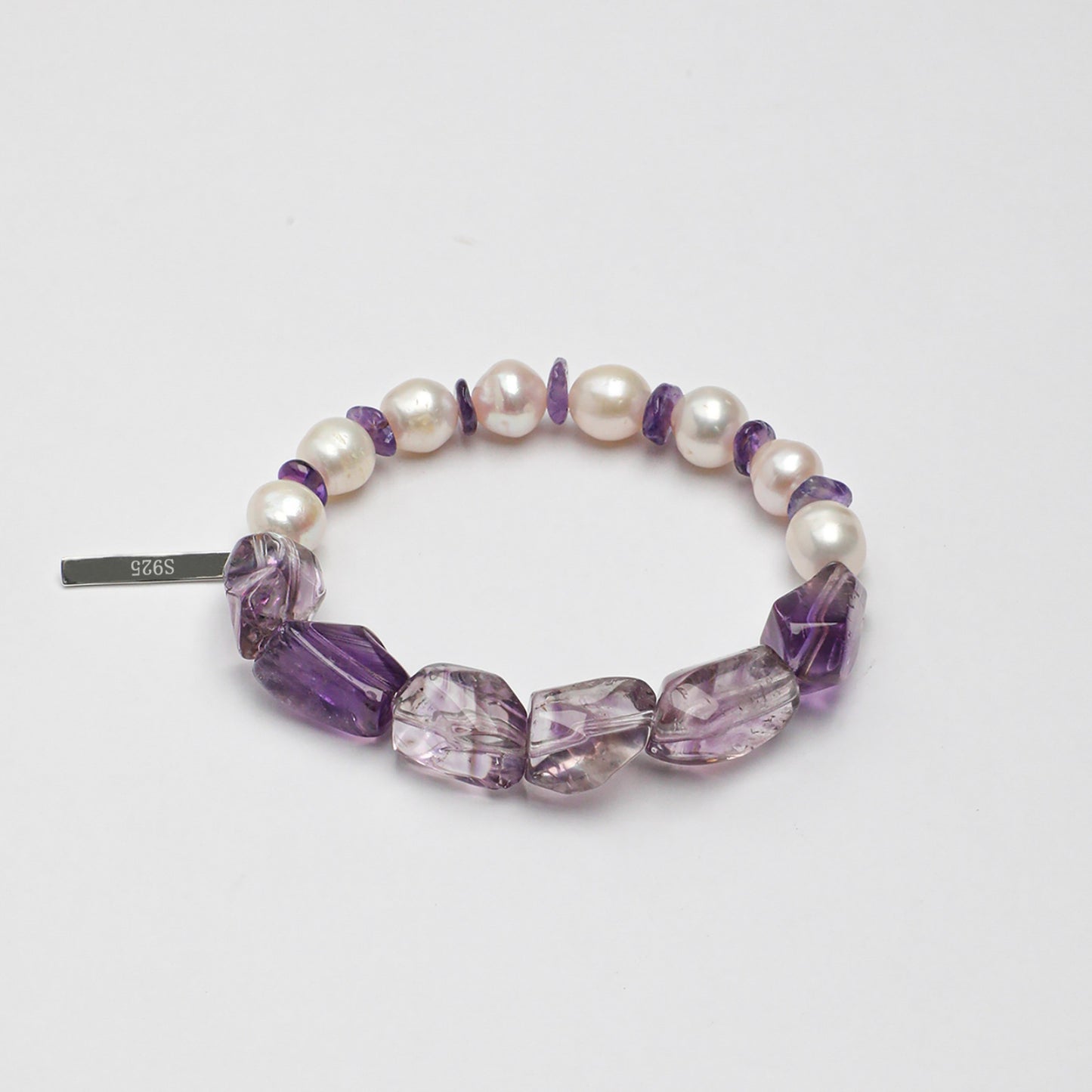 Freshwater Pearl & Natural Amethyst Crystal Bracelet with Sterling Silver Charm