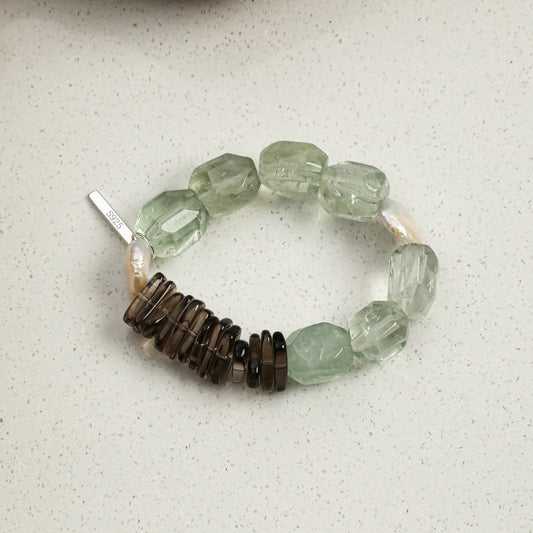 Natural Green Crystal Bracelet with Teardrop Baroque Pearl and Sterling Silver Charm