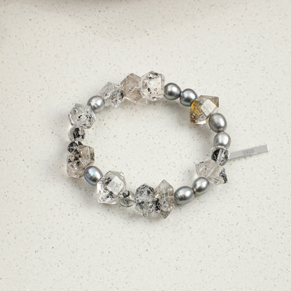 Black Herkimer Crystal Bracelet with Gray Rice Pearls and Sterling Silver Charm