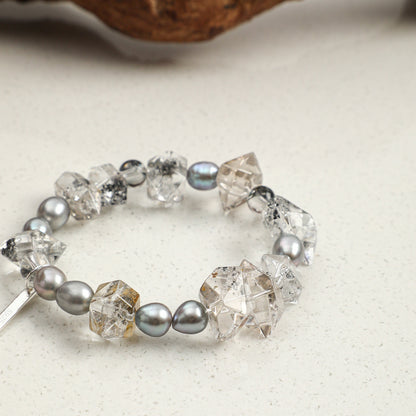 Black Herkimer Crystal Bracelet with Gray Rice Pearls and Sterling Silver Charm