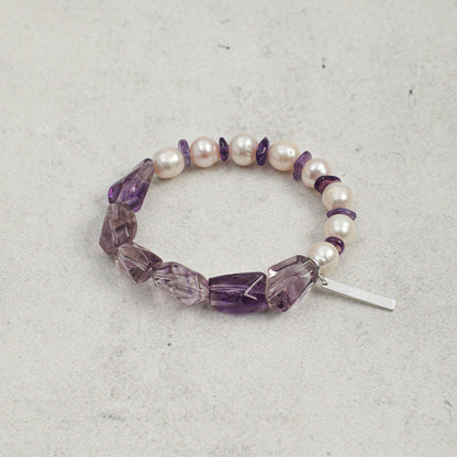 Freshwater Pearl & Natural Amethyst Crystal Bracelet with Sterling Silver Charm