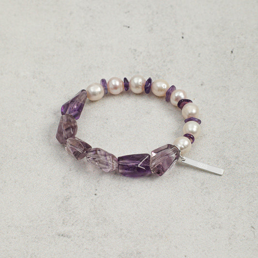 Freshwater Pearl & Natural Amethyst Crystal Bracelet with Sterling Silver Charm