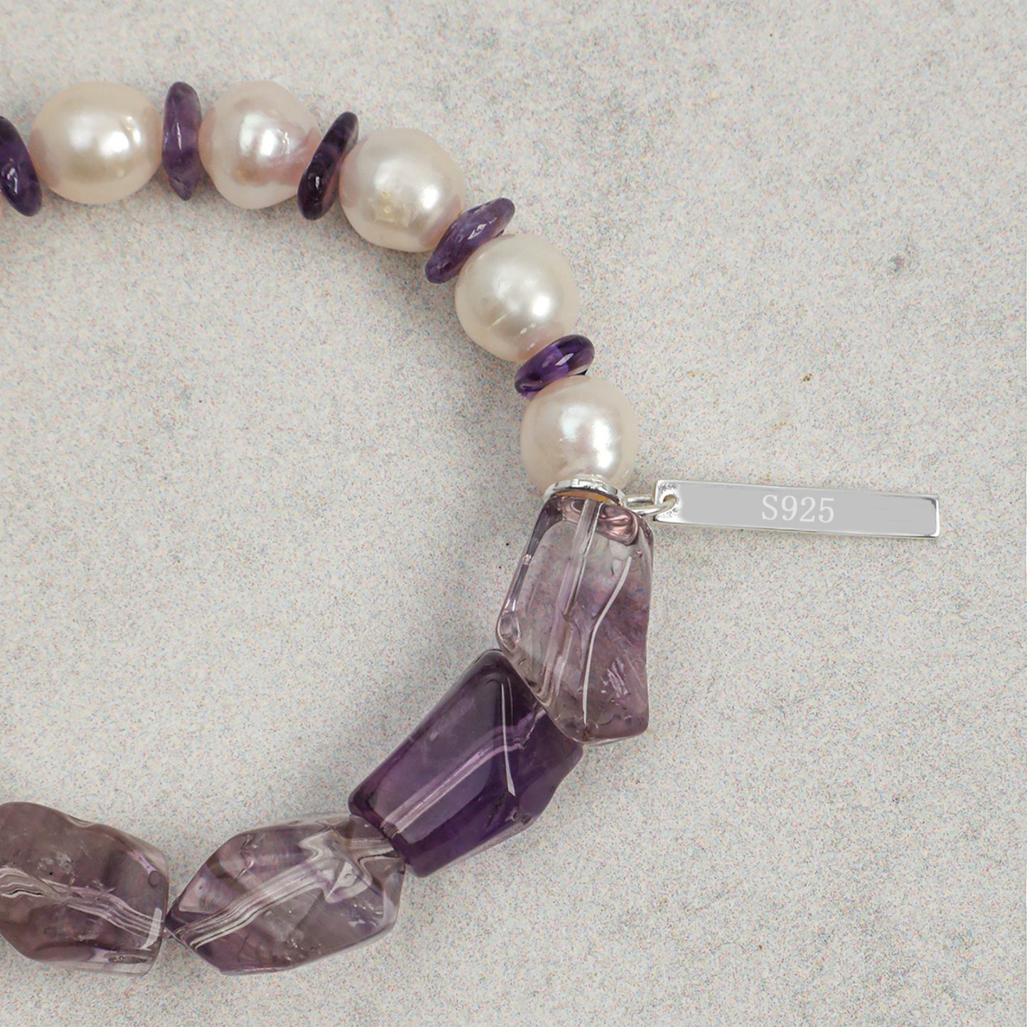 Freshwater Pearl & Natural Amethyst Crystal Bracelet with Sterling Silver Charm