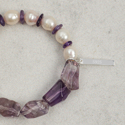 Freshwater Pearl & Natural Amethyst Crystal Bracelet with Sterling Silver Charm