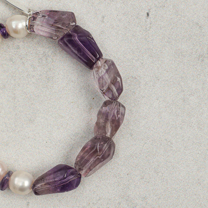 Freshwater Pearl & Natural Amethyst Crystal Bracelet with Sterling Silver Charm