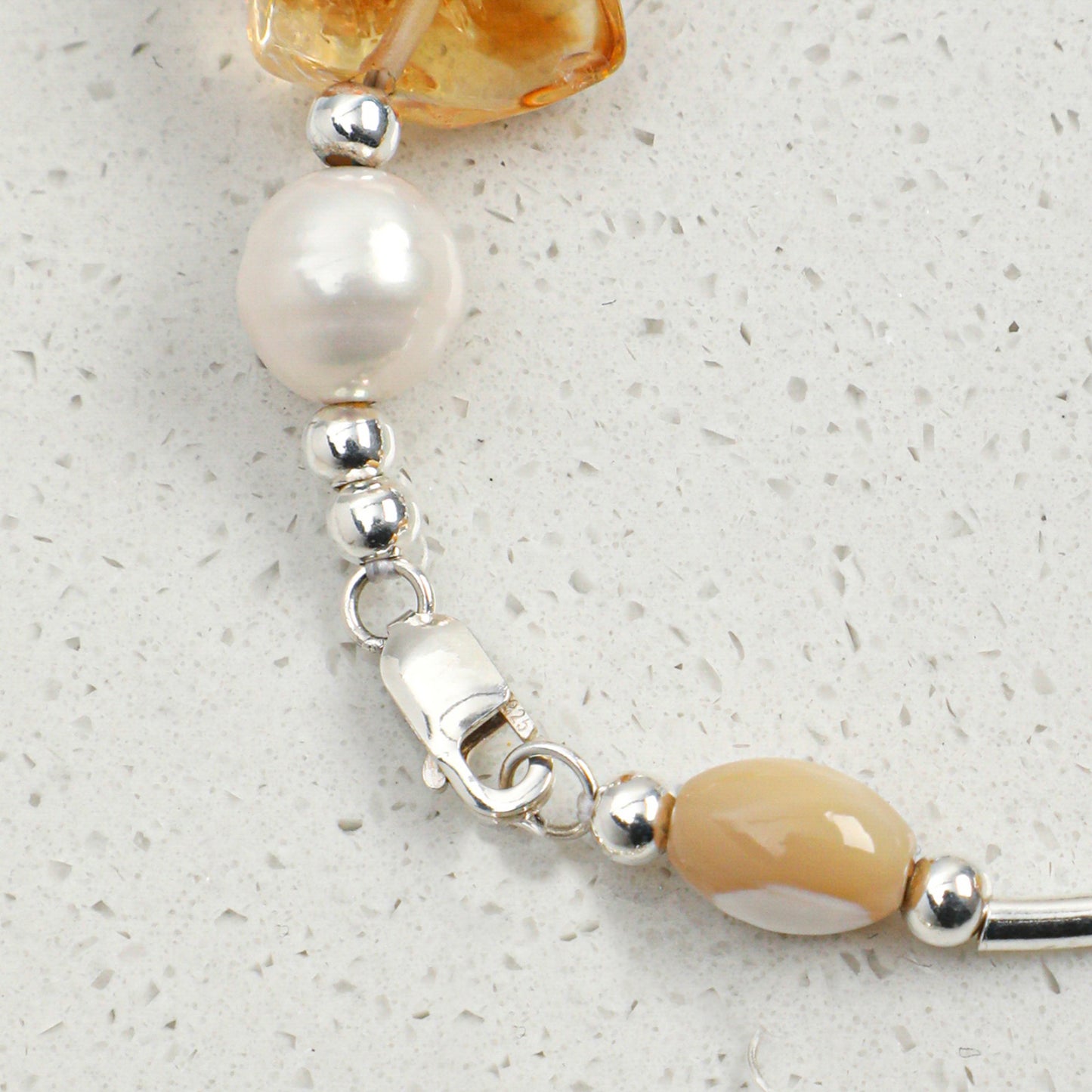 Brazilian Yellow Crystal & Clear Quartz Bracelet with Freshwater Pearl and S925 Silver