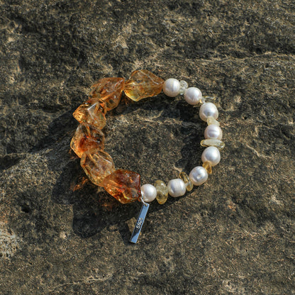 Freshwater Pearl & Brazilian Citrine Crystal Bracelet with Sterling Silver Charm