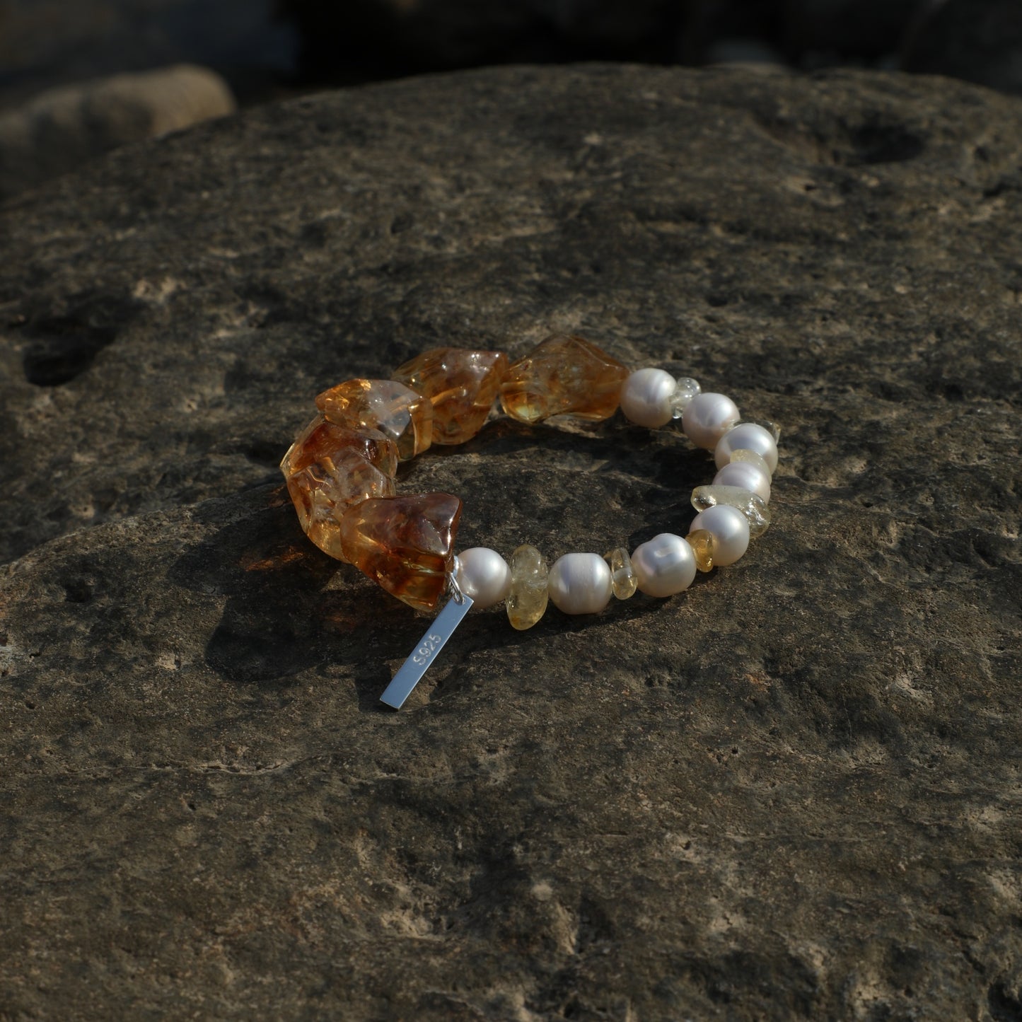 Freshwater Pearl & Brazilian Citrine Crystal Bracelet with Sterling Silver Charm